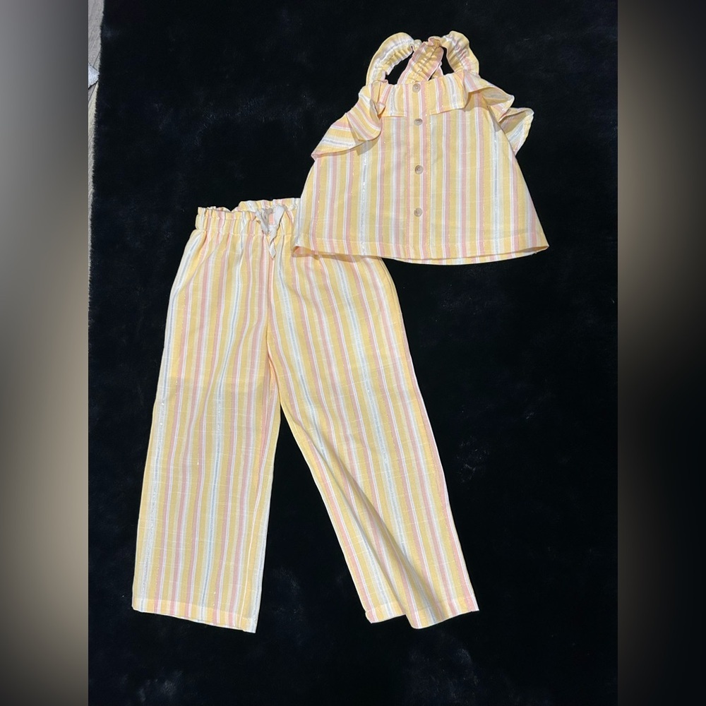 Btween Girls Two Piece Outfit Yellow Pink Stripe Ruffle Top Pants Size 4
